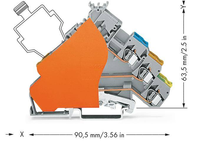 Cross-section of a terminal block, highlighted in orange, dimensions indicated: 63.5 mm high, 90.5 mm wide.