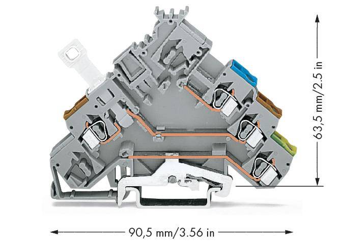 Grey, complex electrical connection with multiple terminals and copper wires, showing dimensions: 90.5 mm width, 63.5 mm height.