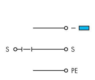 Switching symbol of an intermediate switch with blue-marked switching contact, additional conductor connects 'S' with 'S', lower conductor terminates at 'PE'.