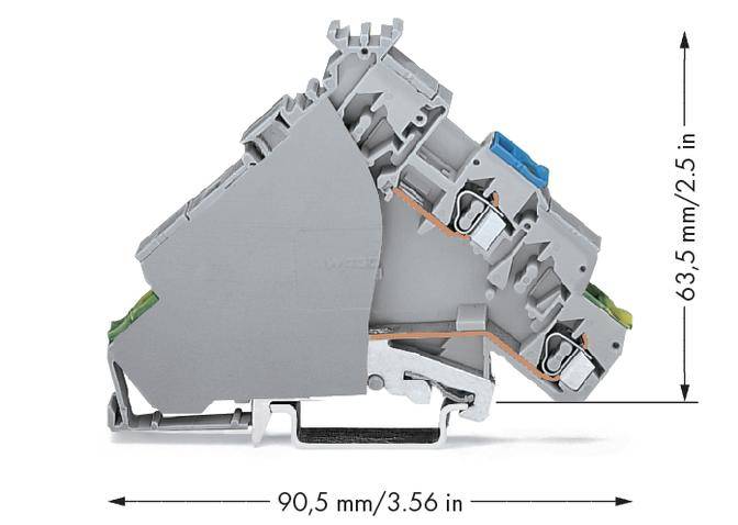 Grey electrical terminal with blue, green, and orange wire. Dimensions are 90.5 mm length and 63.5 mm height.