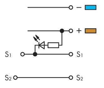 'Circuit diagram shows two switches (S1, S2). S1 with a diode and resistor in a parallel branch, connected to a positive voltage source.'