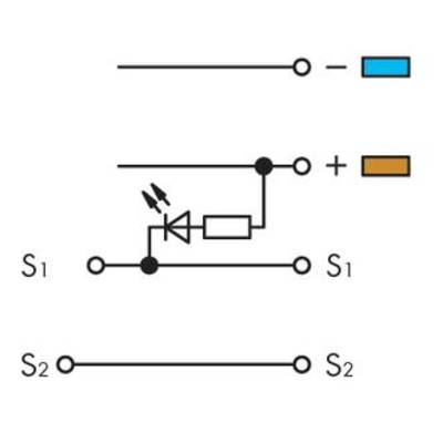 'Circuit diagram shows two switches (S1, S2). S1 with a diode and resistor in a parallel branch, connected to a positive voltage source.'