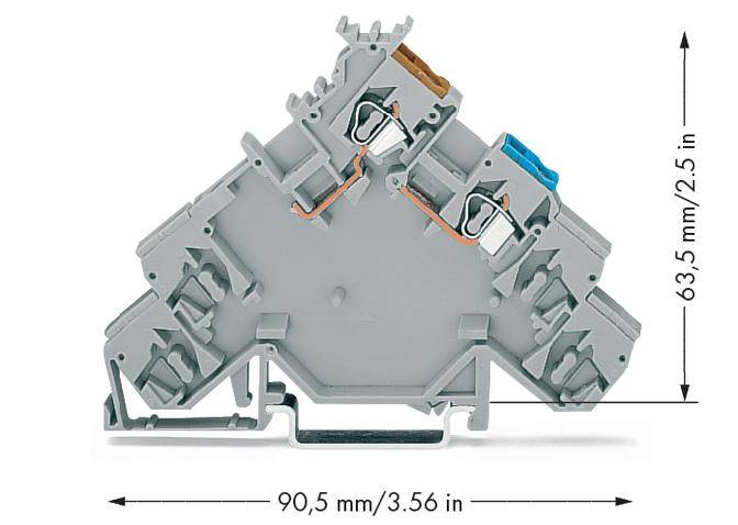 Grey electrical terminal block with dimensions: 90.5 mm width and 63.5 mm height. Two connections at the top, wire guides on the left/right.