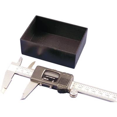 A digital calliper is measuring the internal width of a black rectangular box.