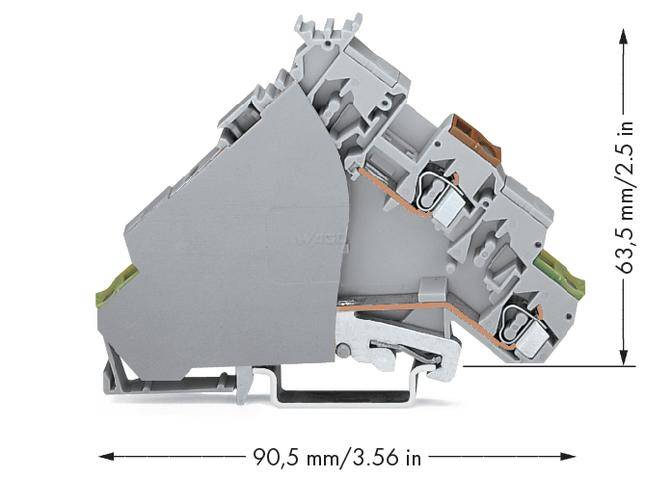 Grey electrical terminal block with dimensions: 90.5 mm width and 63.5 mm height. Two side levers and connections visible.