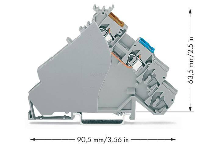 'Side view of a two-tier terminal block with dimensions 90.5 mm x 63.5 mm (3.56 in x 2.5 in).'
