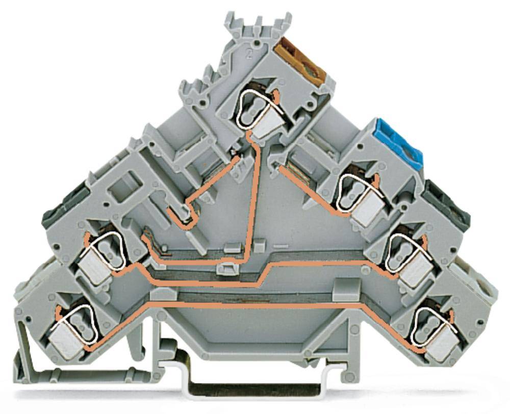 Grey electrical terminal block with multiple connection points, colour-coded inserts and copper connections, used for joining cables.