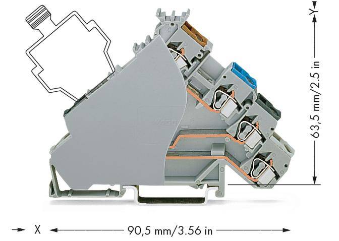 Figure of a grey, technical clamp with dimensions 90.5 mm x 63.5 mm. Shows detailed view and scale ratio.