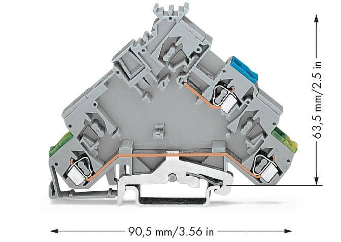 Triangular electrical terminal block with dimensions: width 90.5 mm (3.56 inches), height 63.5 mm (2.5 inches).