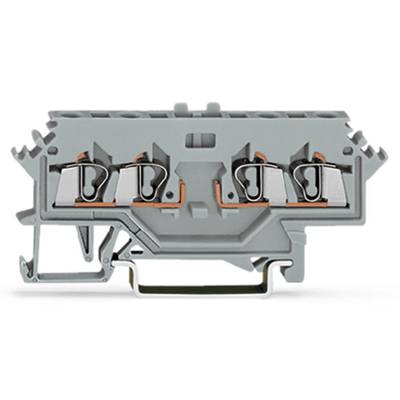 Grey electronic terminal block with multiple copper conductors, side mounting, and metallic contacts for electrical connections.
