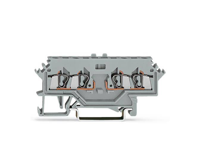 Grey-orange terminal block with metal contacts, designed for mounting on DIN rails in electrical switchgear. Engineered for reliable connections.