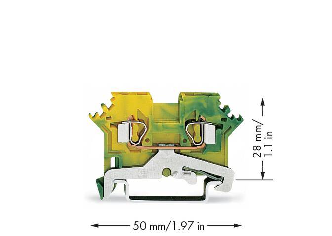A yellow and green electrical terminal block, 50 mm wide and 28 mm high, with metal components for cable securing.