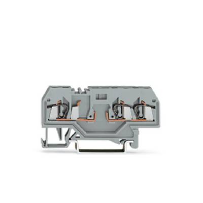 Grey terminal block with multiple connection points and metal terminals for electrical connection in electrical systems.