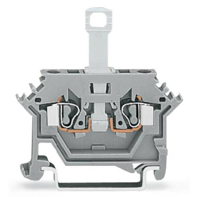 Grey electrical terminal block with two internal terminals and an upper mounting device. Rectangular shape with symmetrical design.