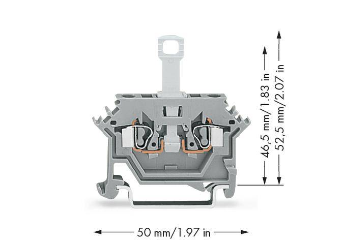 Grey terminal housing with dimensions: 50 mm width, 46.5 mm or 52.5 mm height. Suitable for electronic circuits.