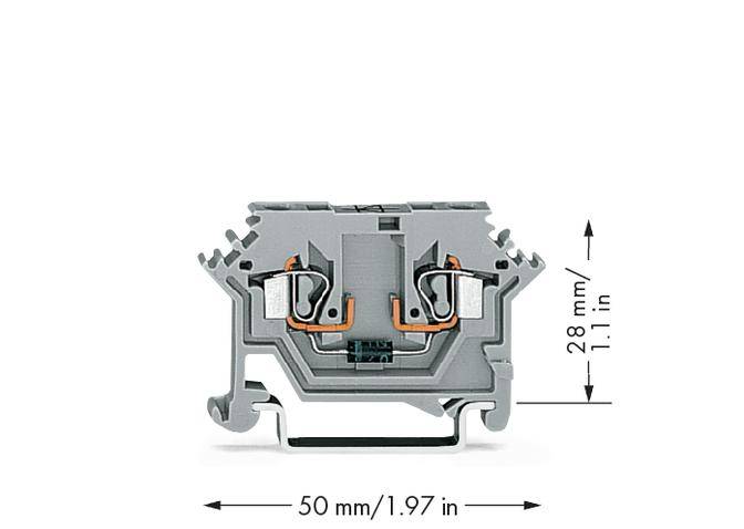 Industrial terminal block, grey, 50 mm wide, 28 mm high, showing internal electrical connections and metallic contacts.