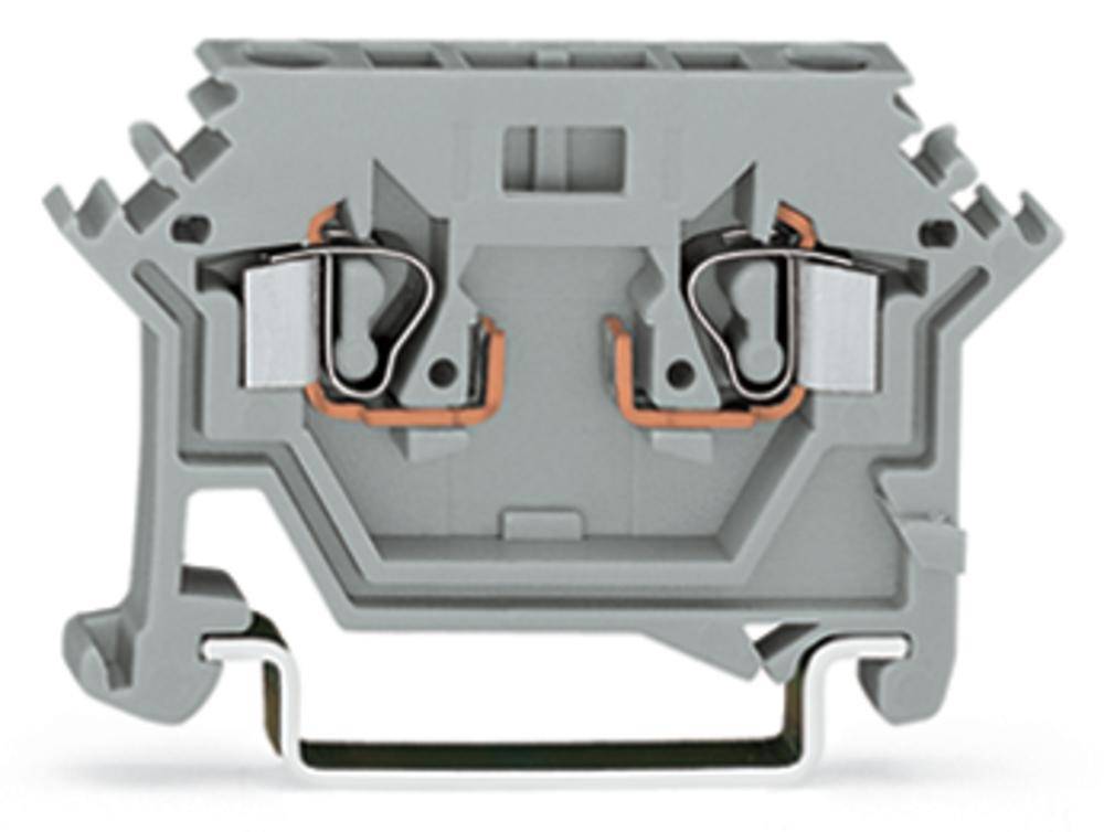 Grey terminal strip with metal contacts and spring terminals, used in electrical connections for secure wire connections.