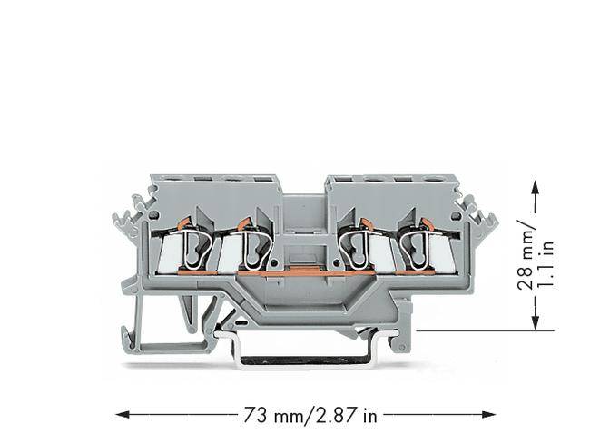 'Grey clamp with two openings, scaling shows measurements: 73 mm width, 28 mm height'.