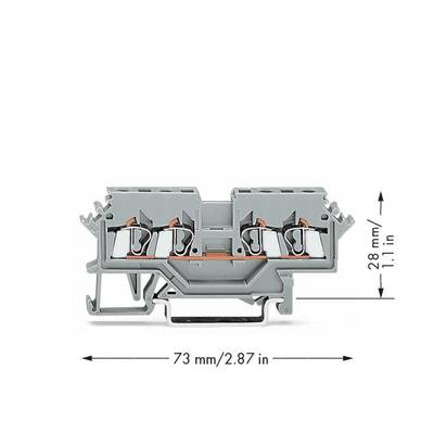 'Grey clamp with two openings, scaling shows measurements: 73 mm width, 28 mm height'.