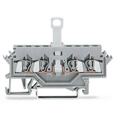 Grey-orange terminal block with electrically conductive elements in symmetrical arrangement for the secure connection of electrical cables.