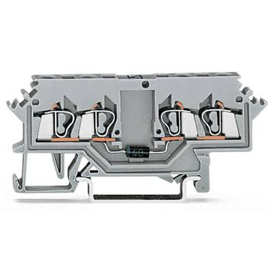 A grey terminal block with four connection points and a through-type design, for connecting electrical conductors.