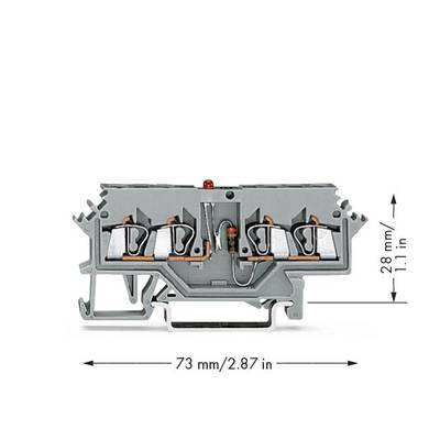Grey electrical terminal system with red switches, cross-sectional dimension of 73 mm (2.87 in) width and 28 mm (1.1 in) height.