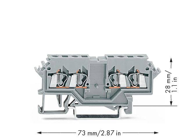 A grey electrical terminal housing with four connections, with '73 mm/2.87 in' and '28 mm/1.1 in' indicated as measurements.