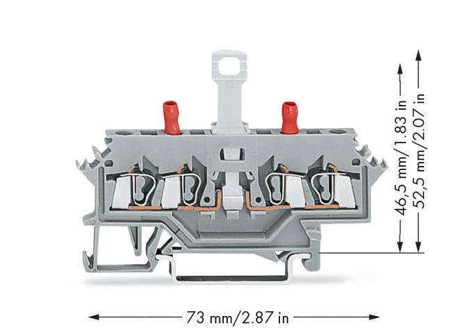 'Two-storey terminal block with dimensions: Width 73 mm/2.87 in; Height 46.5 mm/1.83 in to 52.5 mm/2.07 in. Includes red connections.'