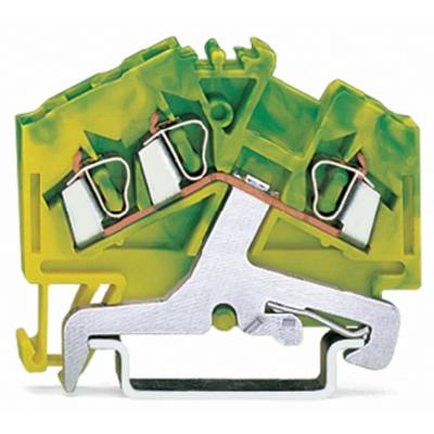 A yellow-green terminal block set, suitable for mounting on a DIN rail, with a metallic clamping device for electrical connections.