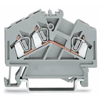 Grey electrical terminal strip with multiple connections and copper wires, used for connecting electrical lines.