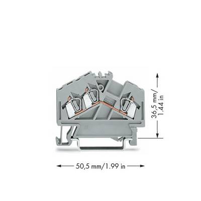 Grey electrical terminal housing with dimensions: height 36.5 mm (1.44 inches), width 50.5 mm (1.99 inches).