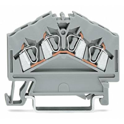 Grey terminal block with four metal contacts, arranged in two parallel rows. Ideal for industrial electrical connections.