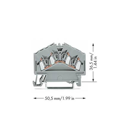 Grey electrical terminal block with three connection points. Height 36.5 mm, width 50.5 mm.
