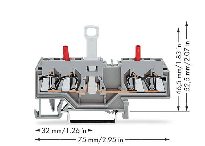 A grey terminal block with double-sided terminal connections, with red markings on top. Dimensions: 32 mm width, 75 mm length, 46.5 mm to 52.5 mm height.