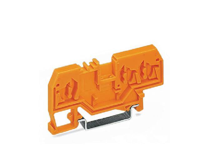 Orange terminal block with metal rail, used for electrical wiring to securely connect and fix wires.