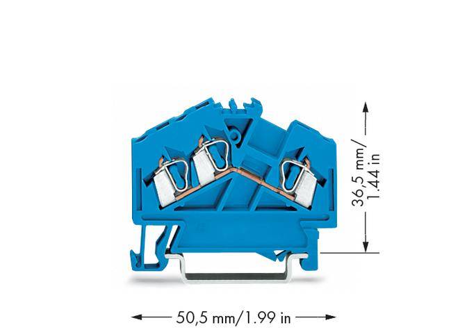 A blue, electric terminal block with dimensions of 36.5 mm high and 50.5 mm wide.