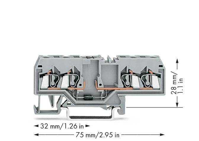 A grey, rectangular electrical terminal block with four terminals, arrows indicating dimensions: width 75 mm, height 28 mm, depth 32 mm.