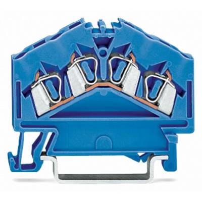 A blue, two-tier terminal block with four metal contacts, suitable for connecting electrical cables.