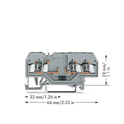 Grey electrical terminal block with screw connections, two terminals, and dimensions: 32 mm width, 64 mm length, 28 mm height.