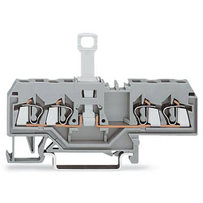 Grey-white electrical terminal block with multiple connection points, copper wire connections visible, suitable for industrial applications.