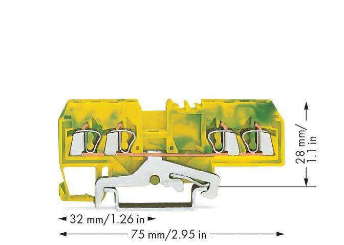 Yellow electrical terminal block with two terminals. Dimensions: width 32 mm/1.26 in, length 75 mm/2.95 in, height 28 mm/1.1 in.