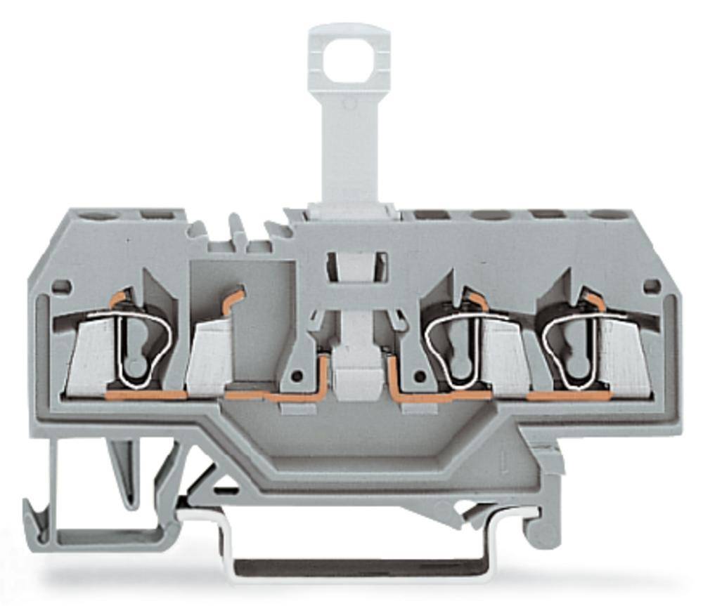 Grey electronic terminal block with multiple connection terminals and copper conductors in a cross-sectional view.