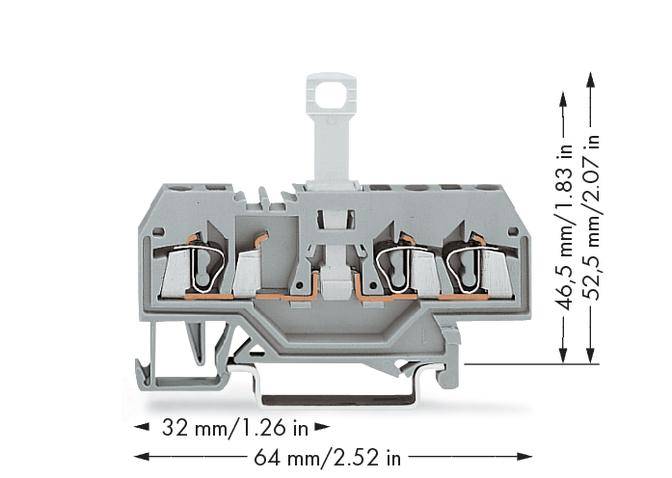 Grey-orange terminal block with dimensions: Length 64 mm (2.52 in), Height 46.5 mm (1.83 in) and 52.5 mm (2.07 in), Width 32 mm (1.26 in).