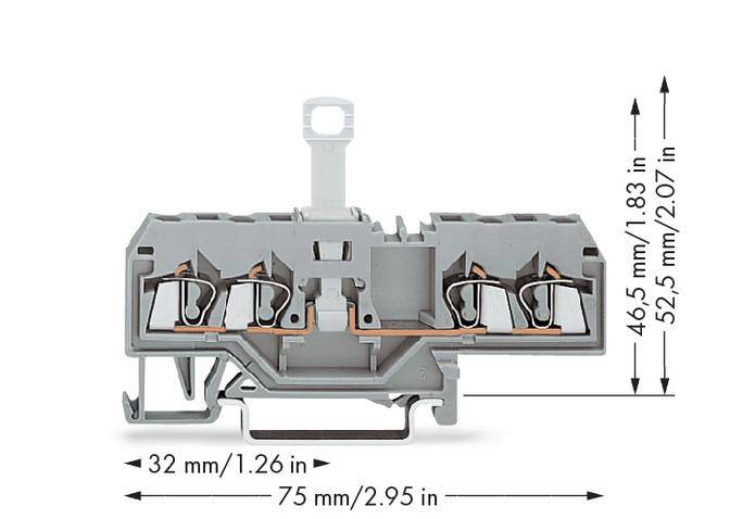 Grey two-tier terminal block with dimensions: width 32 mm, depth 75 mm, height 52.5 mm. Displays internal structure.