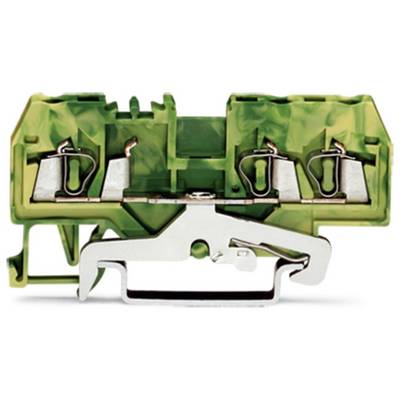 A green electrical terminal block with multiple metal terminals and a lever mechanism for securely connecting cables.