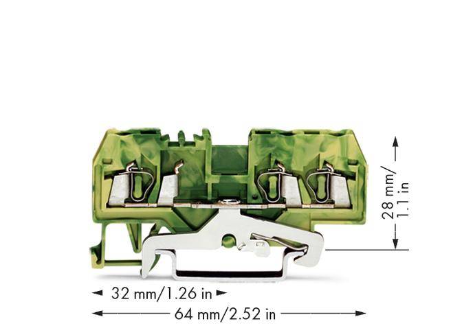 Green electrical terminal block with three connections. Dimensions: Width 64 mm, Depth 32 mm, Height 28 mm.