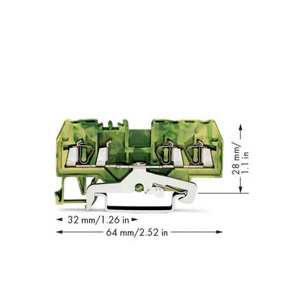 Green electrical terminal block with three connections. Dimensions: Width 64 mm, Depth 32 mm, Height 28 mm.