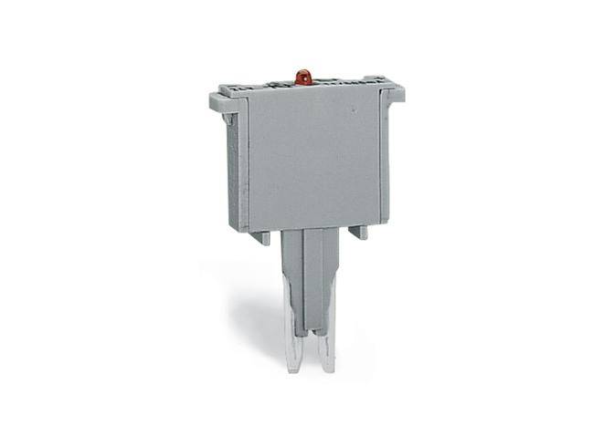 A grey electrical connector with a rectangular shape and a red insert on the top surface, set against a white background.