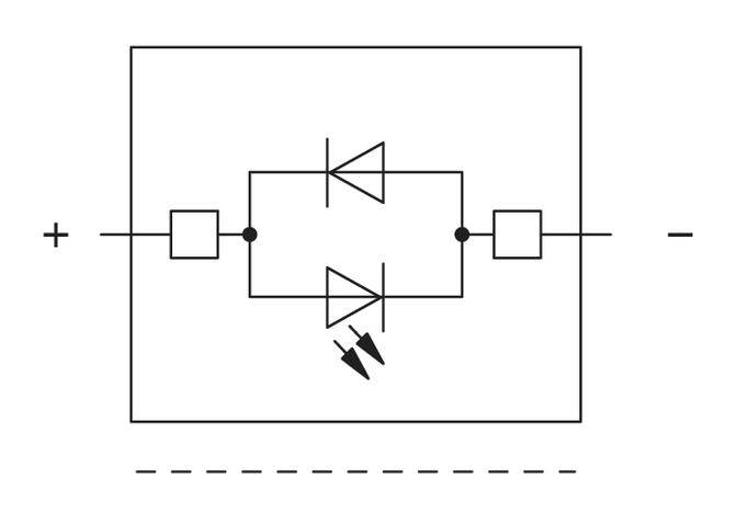 Electronic circuit diagram with two diodes and LED in anti-parallel configuration between two square components, positive and negative poles.
