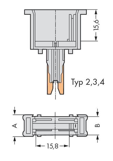 Technical drawing of a connector with dimensional specifications: 15.6 mm height, 15.8 mm width, Type 2, 3, 4. Two views: side and front.